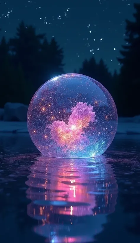 Create a mesmerizing image of a sphere of glass, partially submerged in water, glowing with vivid colors that radiate outwards like ripples in a pond. The scene is set at night, with the dark sky above twinkling with stars, casting a soft, ethereal light o...