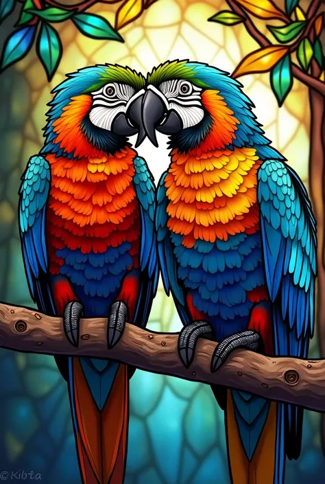 two Colorful Birds sitting on a tree branch in front of a stained glass window, Colorful Birds,  Stained Glass風, Mysterious Birds ,  Stained Glassアート, Parrot, Tropical Birds, close,  painting on glass , Highly detailed birds, Lovely couple,  Stained Glassの...