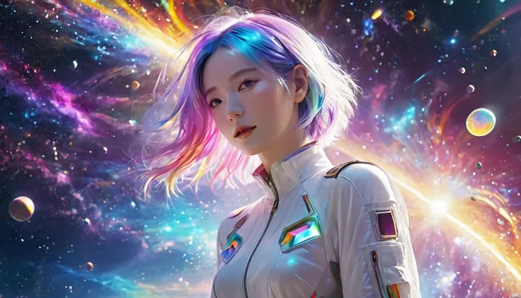   floating in space 、((whole body))、,  top quality,  highly detailed CG synthesis 8K wallpaper, Cinema Lighting,  lens flare,  pay attention to details, White clothes,   multicolored hair , Rich and colorful light,  particle, 、 girl、Laugh without fear 、  r...