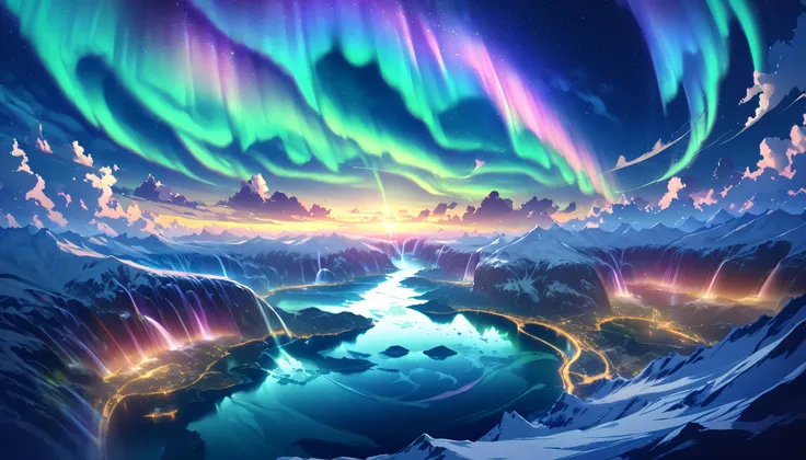 paradise, colorful,A dreamy fantasy landscape,Extremely Coloured Scenery, cloud, light piercing through the cloud,Spectacular and majestic views, shot with a fisheye lens , Large planets and auroras are visible in the sky,Multiple beautiful waterfalls,Wate...