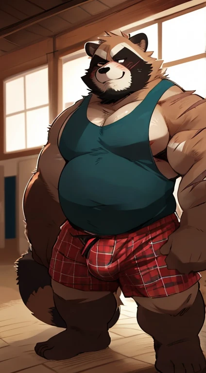 Chubby, furry,male , anthropomorphic, raccoon dog, very plump, middle aged  , mouth covered mustache,Thick beard, seductive  , detailed , half body , tight tank top, extremely hot and sexy, by hyaku ,by darkgem, by glitter trap boy, massive testicles, scar...