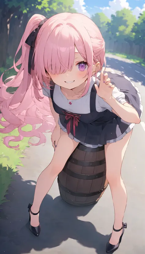  pink hair with crotch。hair over one eye。 wavy middle hair 。 short side ponytail。 cute smile。 cute girl。 big smile 。barrel 。 the upper body is sticking out of the shoulder from the barrel。Grab the rim of the barrel with both hands 。Please pick it up。 super...