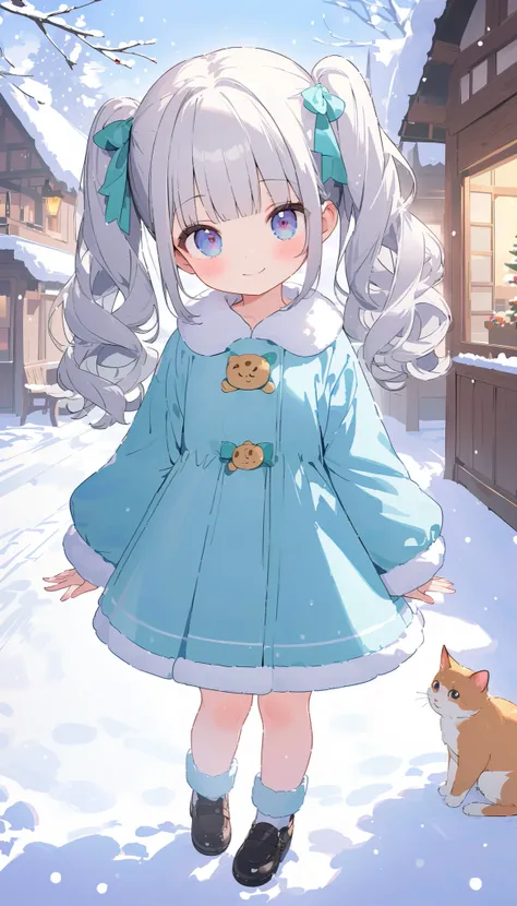 Silver Hair 。blunt bangs。 Twin Tails。 curly hair 。 cute。 cute smile。 beautiful eyes。Winter Town 。 snowing 。 cute。 Appearance, high resolution, anatomically accurate, best quality , high detail , full body,