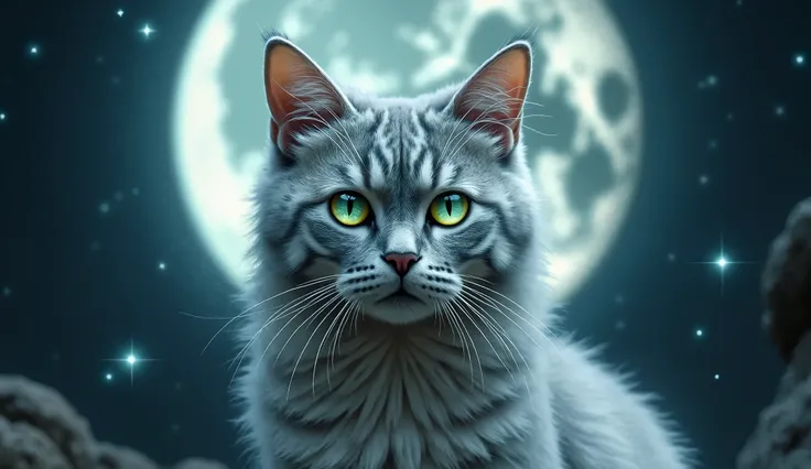 Generate ultra-high-definition images of a supernatural silver cat with luxurious fur, standing majestically in front of a full moon on a starry night. Utilize advanced macro photography techniques to highlight the intricate details of the cat's shimmering...