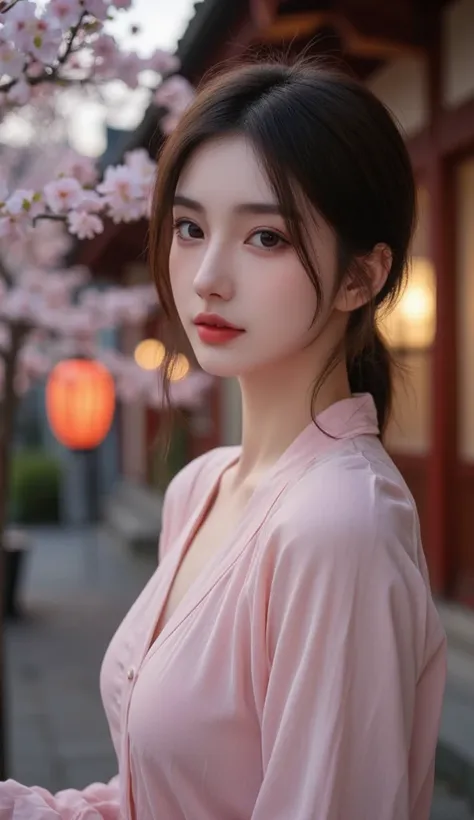 ultra high res, (photorealistic:1.5), raw photo,32k,,beautiful detailed girl, extremely detailed eyes and face, beautiful detailed eyes,light on face,cinematic lighting,1girl,looking at viewer,east asian architecture,(blurry background:1.4),cherry blossoms...