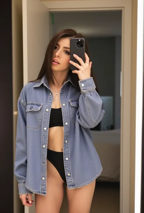 A mirror selfie of a young brunette in her bathroom, wearing an open blue men's shirt, no bra, bare legs, looking straight at the viewer, dark brown hair, pale white skin tone, pale white skin tone.
