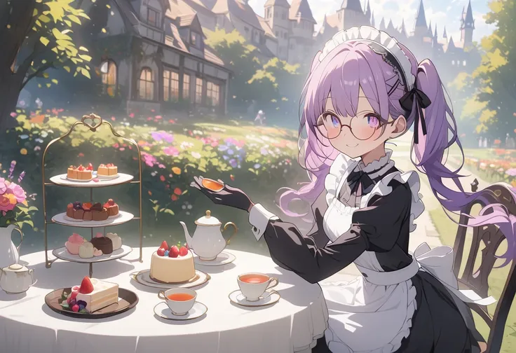 Long purple hair ,  is wearing maid clothes, round glasses, Round eyes 鏡, European garden, flower garden, Enchanted Garden, castle, Front Light ,Cute 2D, Front lighting 、( to show your lower belly、masterpiece、 high resolution、 Details)、animeスタイル、 flat styl...