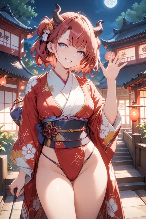 " Japanese demon , woman、Red body, horn, tooth,  wearing a tiger skin waistband , Standing in front of a traditional Japanese castle at night waving an iron stick ,  standing in front of a traditional Japanese castle at night, Moonlit Landscape,  Detailed ...