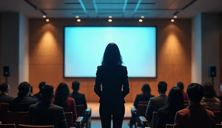  realistic image,  Indian woman giving a work lecture, With big screen behind , lights, Chairs, people,  a scene of work lectures