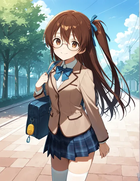 Hd,  (slender body) (thin body), smile, happy, masterpiece, best quality, highres,2d, anime, 1girl, long hair, one side up, solo, ponytail, brown hair, long hair, hair ribbon, brown eyes,  cowboy shot, smile, wearing glasses, round glasses frame, cute girl...