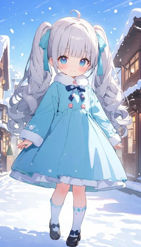 Silver Hair 。blunt bangs。 Twin Tails。 curly hair 。 cute。 cute smile。 beautiful eyes。Winter Town 。 snowing 。 cute。 Appearance, high resolution, anatomically accurate, best quality , high detail , full body,