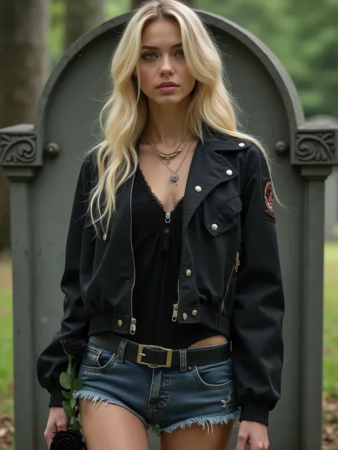   A picture of a beautiful and stunning blond woman with green eyes  ,  dressed in denim shorts and a black jacket with a black rose in her hand and in front of a grave, It bears the description  ,    Sasha Romanova Princess of the Lion Bratva Death in Com...