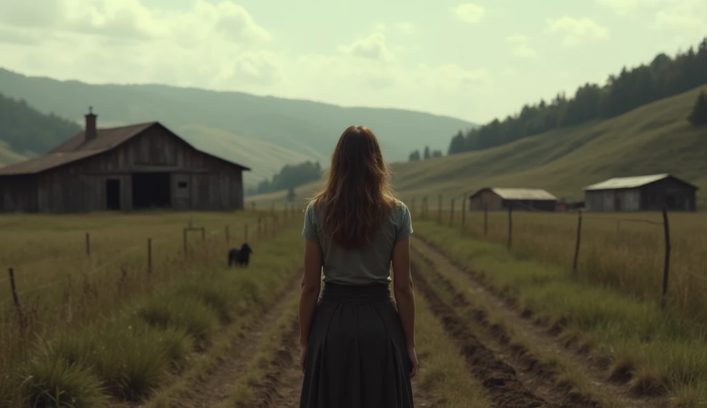 farm. Full wide shot. women and her s back view. black tone and brown situation. realist cinematic 