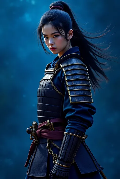 A photo of an samurai girl with a text indigo in it