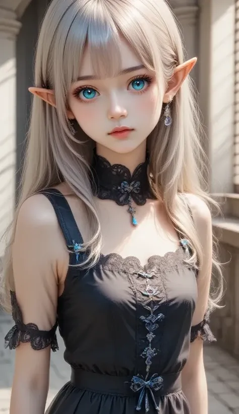 1 shot showing the whole body、A shot with all the heads in it、 cute 、  She's a girl with green eyes shaped like flowers,   she has long curly hair tied in two  , Her hair is gray with highlights.    The girl with thin sleeves    ,   on the tip of her dress...