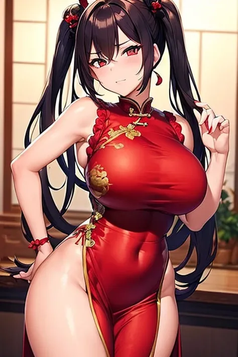  Masterpiece,   top quality,   very detailed, Takarada Rikka wearing a Chinese dress with a deep slit, (((((Big Breasts,  long breasts))))), (( red china dress)),  tall ,  girl,  very long hair,  twin tails,  thick thighs,  provocative expression