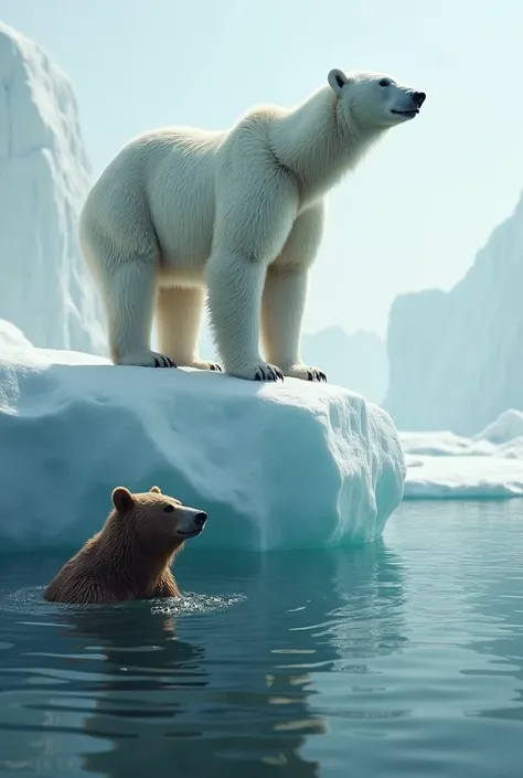 The polar bear is on an iceberg looking at a brown bear whose in the water pla