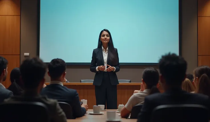  realistic image,  Indian woman giving a work lecture, With big screen behind , lights, Chairs, people,  a scene of work lectures