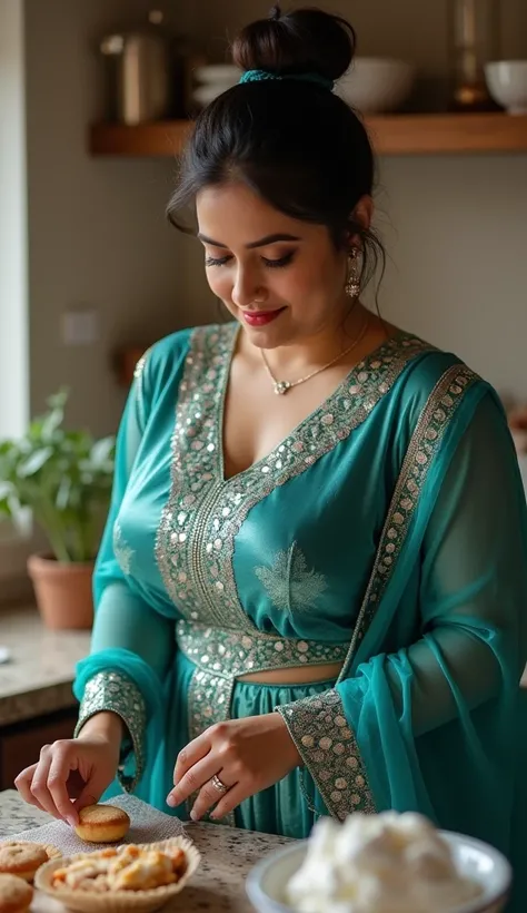 Baking and Bondage: A plus size curvy busty Indian MILF bhabhi with a voluptuous figure is in her kitchen, but she's not just baking. She's wearing a shiny, reflective teal and silver anarkali suit that hugs her curves. Her missy hair bun is held in place ...