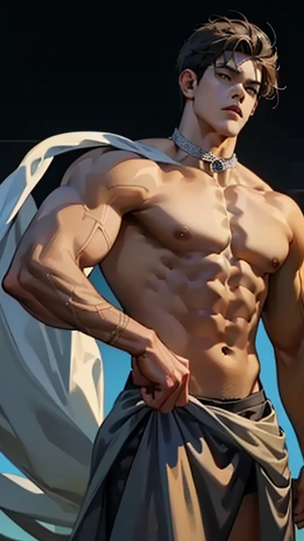 1male people, musculature, Handsome, ((nakeness)), Naked, shen yu Bust, Best quality at best, tmasterpiece, Perfect body proportion, Correct anatomy, Bad laughs, 耳Nipple Ring, Collar, 2D, Dutch angle, Cowboy shot, High details, Masterpiece, big laterals