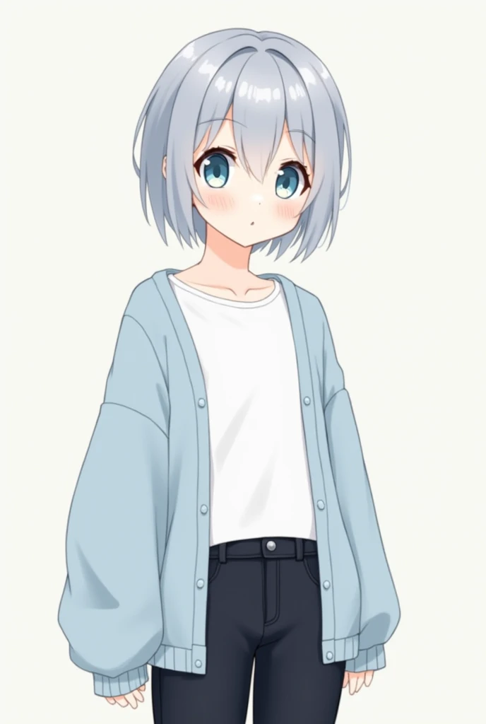 gender。Eyes are light blue 。Her hair is short。 Her face is cute 。  My outfit is a white t-shirt and a light blue cardigan.。The pants are black。The size is a mini character 