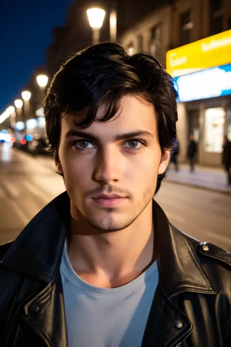 street photography of a young adult man, very detailed, ruggedly handsome with black hair and stubble, detailed eyes, busy public street at night, dramatically lit