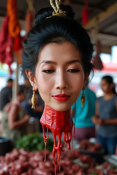 Create an image of a beautiful Indonesian woman's bloody disembodied head hanging on a hook in a busy Meat shop. From front side severed head face is visible. The head has a serene, peaceful expression with the eyes gently closed. Her dark hair is styled i...