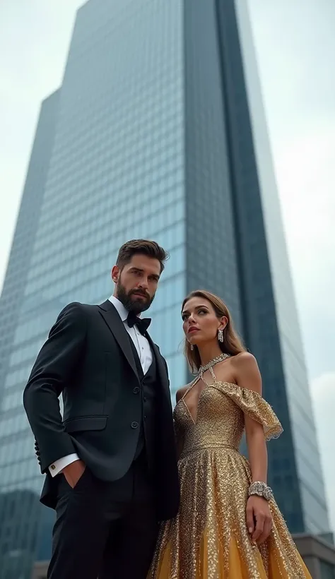 "A king and queen in modern, stylish American clothes, standing in front of a skyscraper."
