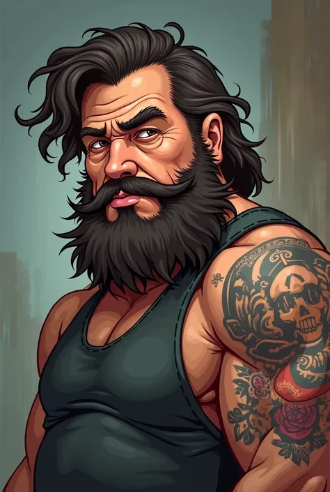 Give me a pic of a male character with wavy hair a beard and tattoed right arm based on southpark art style that kind of looks like randy marsh

