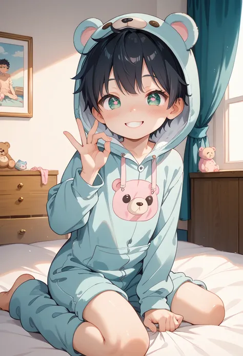 comic style, cute boy from the comic anime , black hair , green eyes, slightly blushed, is a primary school boy , clothes Baby, bear onesie , beautiful face, big eyes , cartoon style , boy size shota , slim body, room, erotic photo, young age, Aeghao, hear...