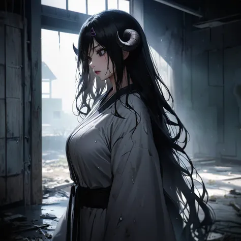 Yamamura Sadako, a ghost girl with big boobs is tying her long black hair in an abandoned school, its dark and damp, White burial kimono, 1girl, Breasts, Black Hair, Large breasts, lifeless black Eyes, No Pupils, Vignetting, Hair Clip, Demon Horns, Hair Ti...