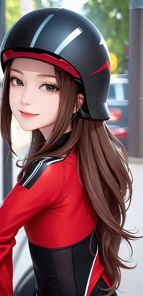 woman is smile, long hair brown, helmet normal, she is solo, from alternative world ,best quality, realistic, cycling full red black color suit and cycling sports shorts, she is stand , makeup face