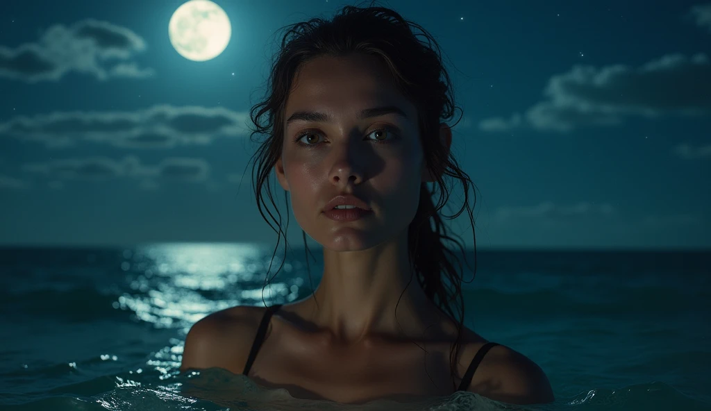 Photorealism.Portrait photo.A realistic and detailed close-up portrait of a young woman . Nude top model .. Knee-deep in water. The boundless sea. Night. Many stars. The moon reflects from the water.., realistic detail, beautiful face, slender body, beauti...