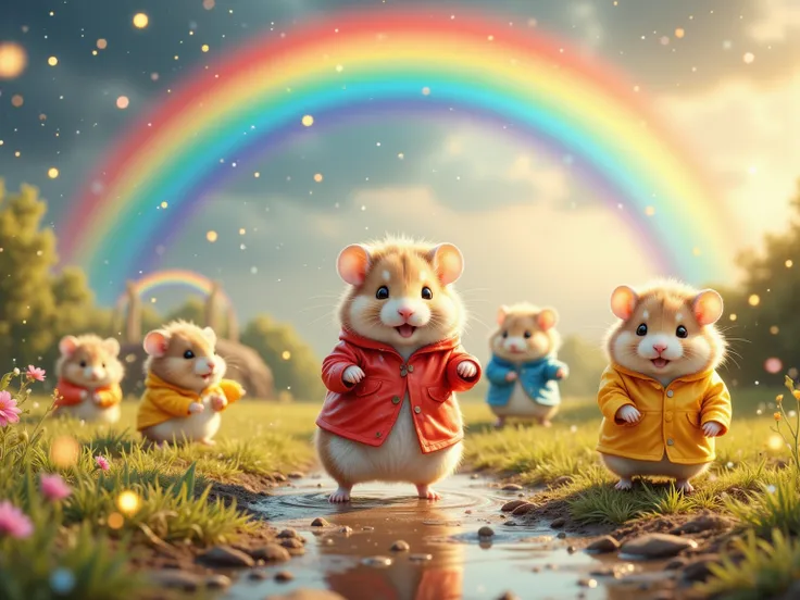 In the vibrant aftermath of a gentle summer rain, the air is crisp and carries the scent of fresh earth. A lively troupe of ultra-cute hamster schoolchildren (dressed in colorful raincoats and matching boots) romp gleefully across a field chasing a rainbow...