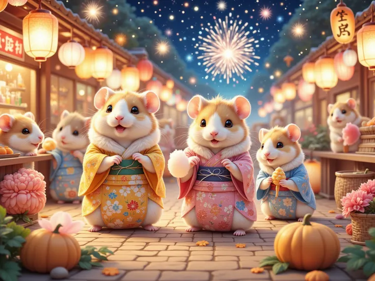 Amid the lively buzz of a traditional Japanese festival, an ensemble of ultra-adorable hamster schoolchildren (wearing charming little yukatas, elegantly patterned with flowers and fireworks) navigate the dazzling world of lights and sounds. Enthralled by ...