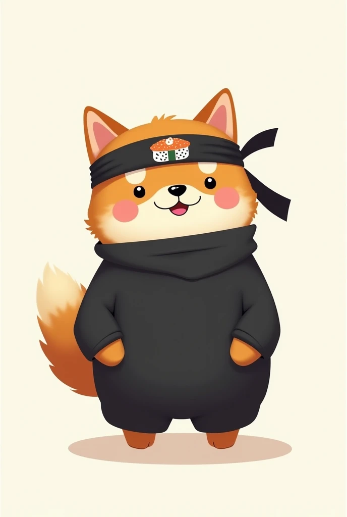 Minimalist illustration of a rounded , cartoonish ninja SHIBAINU puppy with a soft, friendly expression. The SHIBAINU is dressed as a ninja. Also SHIBAINU wearing a head band SUSHI is drawn on it.