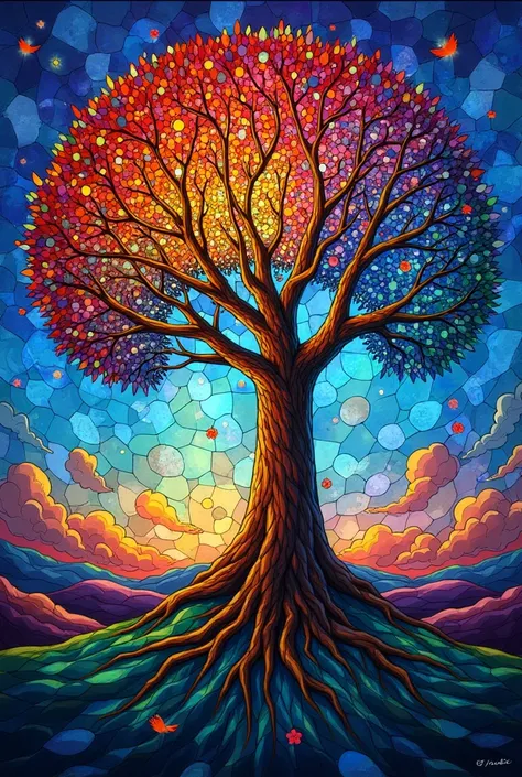 a  Stained Glass tree with a colorful sky background, Detailed paintings by Dechko Uzunov,  trending on pixabay ,   Psychedelic Art ,  Stained Glass art,  Stained Glass style, Tree of Life, the Tree of Life, Magic Tree,  Stained Glass!!,  fantasy tree , Tr...