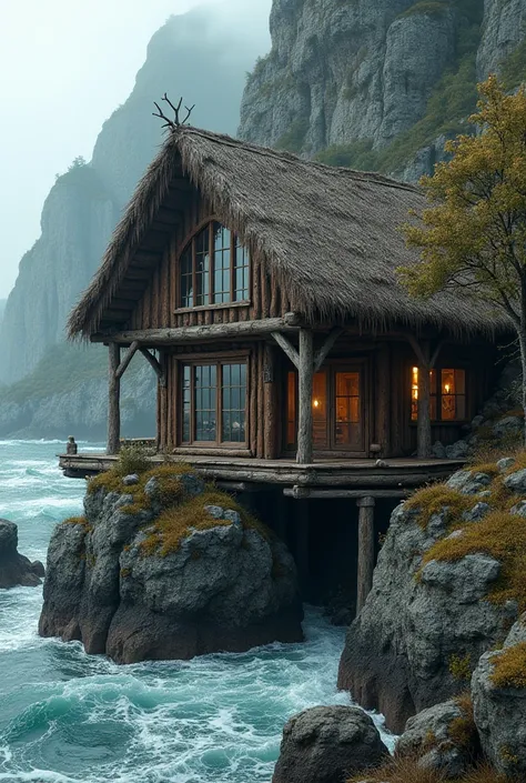 Old viking style medieval home wooden hut embedded into cliff with large glass windows