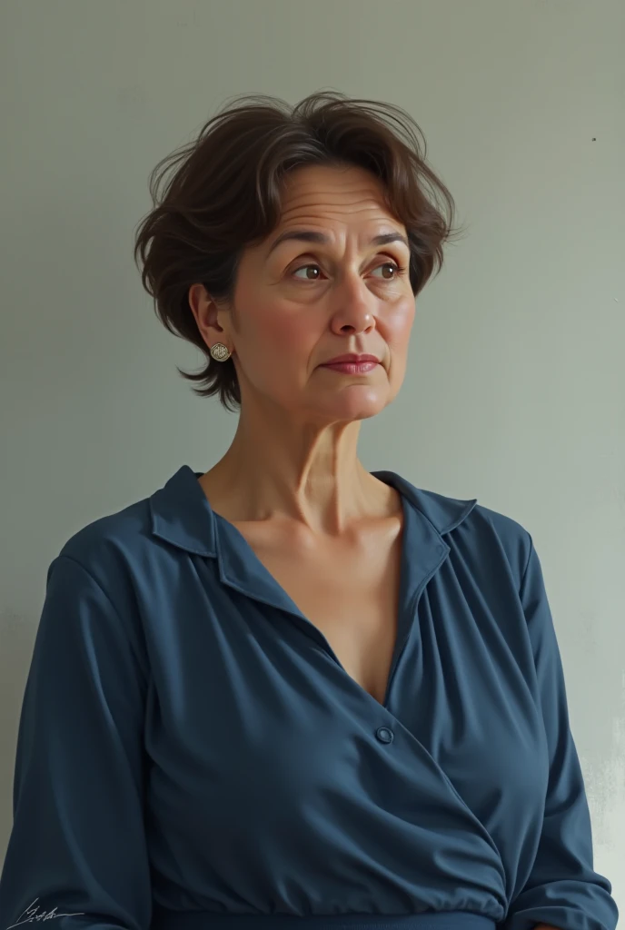 Middle aged woman blue dress with short brown bushy hair