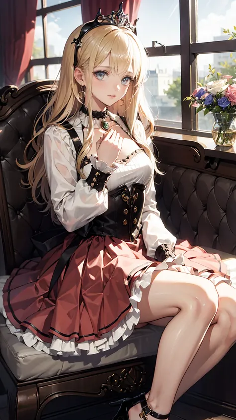 (8k,  top quality,  Masterpiece: 1.2),   super high heels ,,  Marie Antoinette ,  super detailed face  ,fine grain,  Open your mouth slightly ,( blond), long hair,   play with wavy hair , break,Rococo Ruffle Dress, long sleeve dress,  dress for lying on a ...