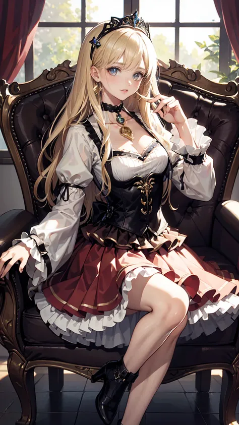 (8k,  top quality,  Masterpiece: 1.2),   super high heels ,,  Marie Antoinette ,  super detailed face  ,fine grain,  Open your mouth slightly ,( blond), long hair,   play with wavy hair , break,Rococo Ruffle Dress, long sleeve dress,  dress for lying on a ...