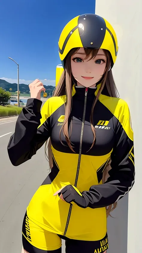 woman is smile, long hair brown, helmet normal, she is solo, from alternative world ,best quality, realistic, cycling full yellow black color suit and cycling sports shorts, she is stand , makeup face