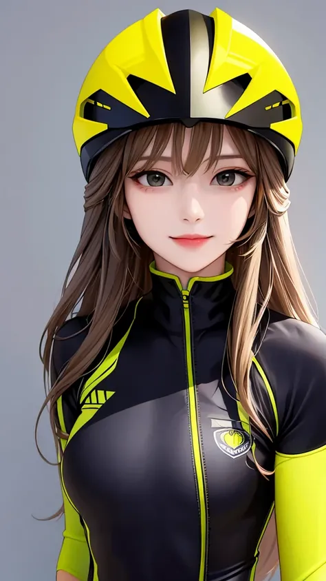 woman is smile, long hair brown, helmet normal, she is solo, from alternative world ,best quality, realistic, cycling full yellow black color suit and cycling sports shorts, she is stand , makeup face