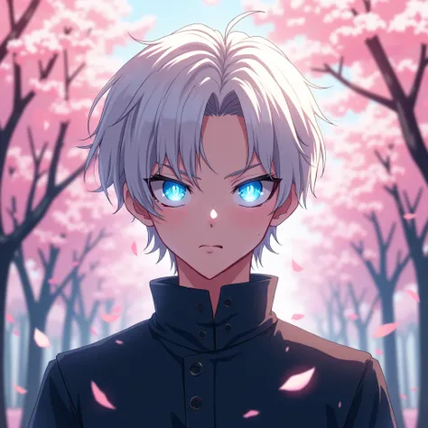 anime cute man 18-year-old, clean design, intricate details, (glowing blue eyes), short parted white hair, aggressive look, 8k resolution, full body image, cherry blossom background