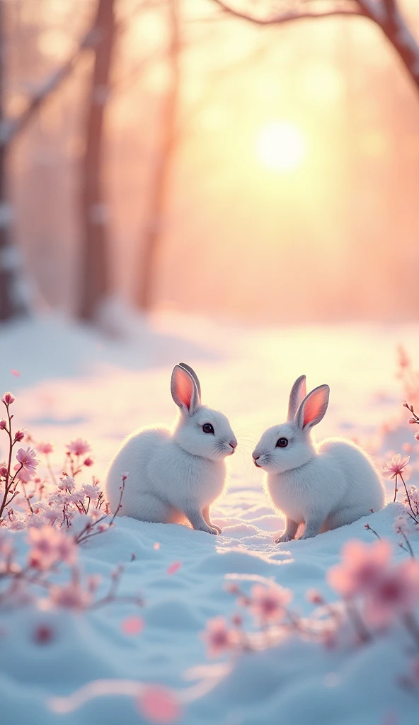 A Warm and Gentle View of the World , Shining in the morning sun, Spectacular snowy landscape, horsetail buds emerging from  Snowflake on the ground,  Snowflake, Falling Cherry Blossom Petals , 2 white hares、 Colorful Pastel Colors,  Super Detail,   absolu...