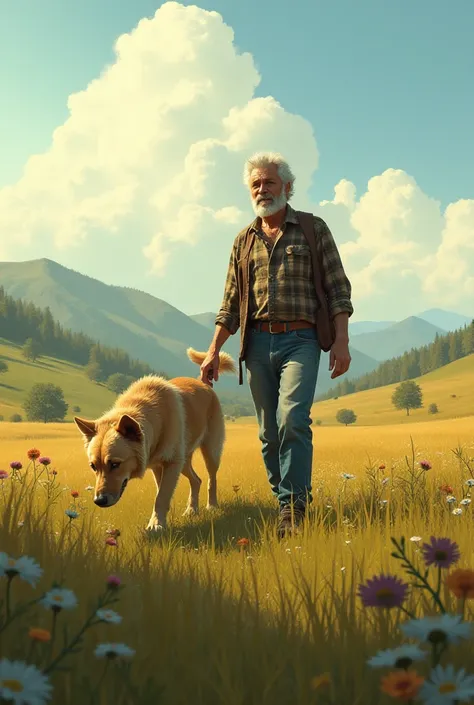 Create a picture of a man in the field, with a dog.