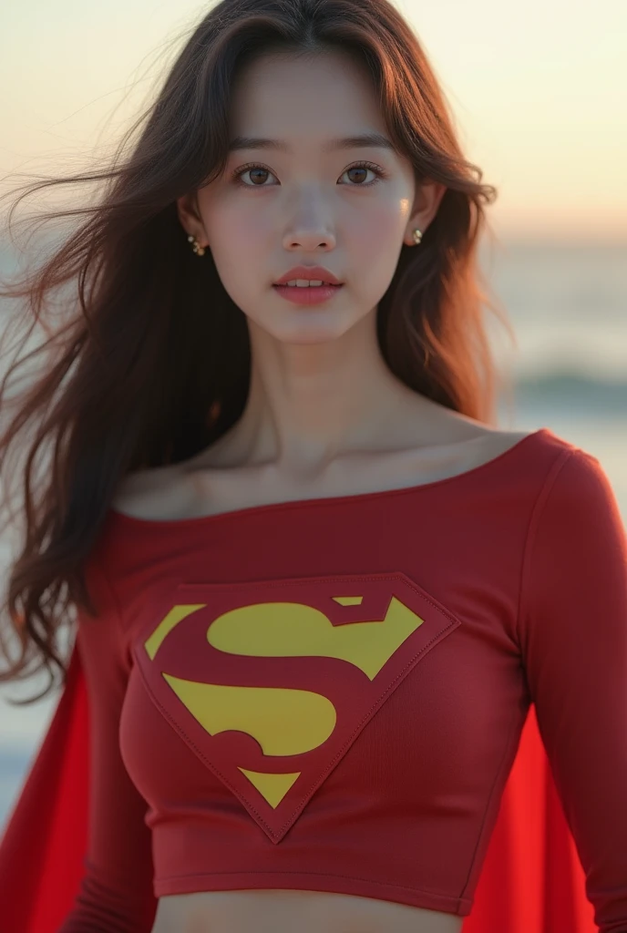 " K-pop style woman    &#39;    beautiful korean woman     , length,         wavy dark hair 、 the boy stands at the tip of the cliff 、I'm wearing a supergirl costume、I'm in the living room、I'm on one knee and spread my hands、 realistic images 、最高quality, q...