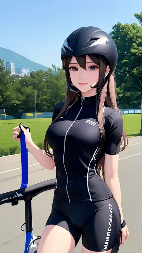 woman is smile, long hair brown, helmet normal, she is solo, from alternative world ,best quality, realistic, cycling full black color suit and (cycling sports shorts), she is stand , makeup face