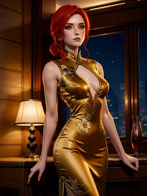 Triss merigold standing elegant in a long cheongsam BREAK (shiny golden satin cheongsam, turtleneck gown, highneck, straight fabric, floral pattern cheongsam, sleeveless, bare shoulders) BREAK (slim body) BREAK (open straight hair, red hair) BREAK looking ...