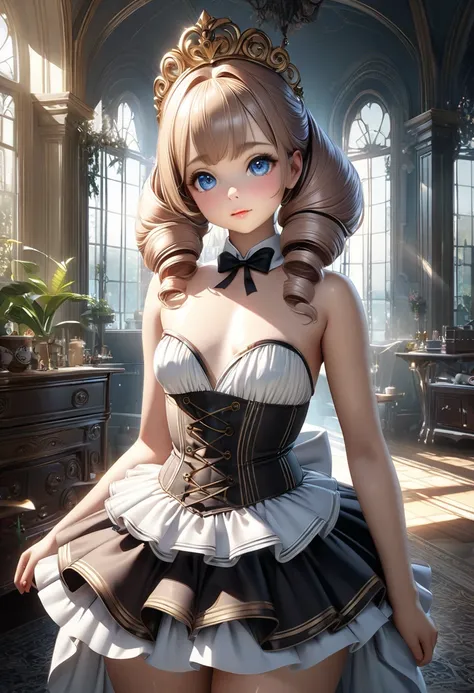   little character ,   Cute Beauty ,  flat chest、plump breasts 、 shiny silky drill hair, grace, dignity,  enchanting and charming look,   enchanting eyes , shy,  Curvy , Dressed like a French doll , Mr.々Effects ,   Delicate Dynamic Texture  ,  Contrast of ...